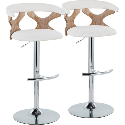 Gardenia Adjustable Swivel Bar Stool in Chrome, White Washed Wood & Cream Fabric (Set of 2)